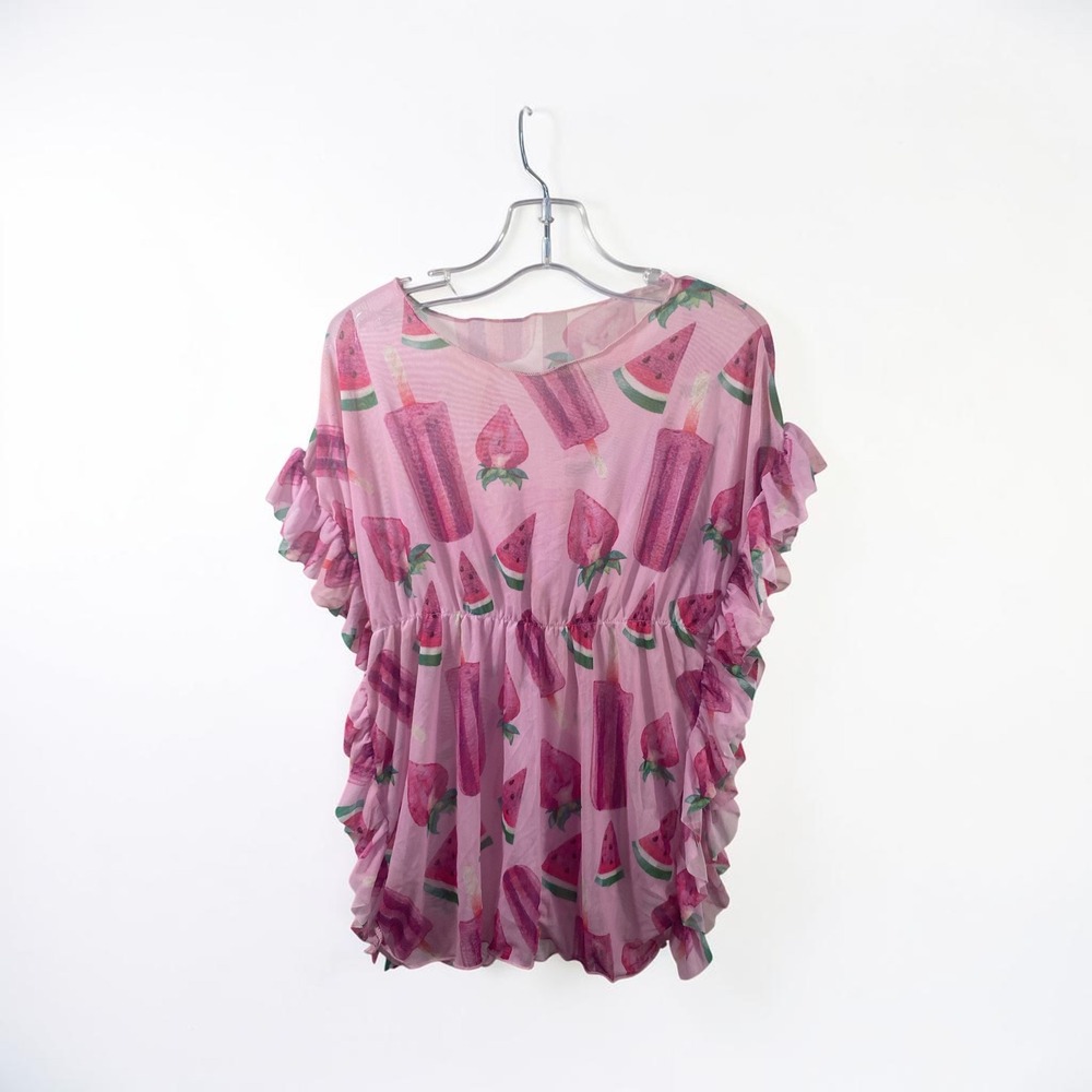 SHEIN Toddler Girls Pink Fruit Mesh Ruffle Swim Cover Up Top Size 4Y